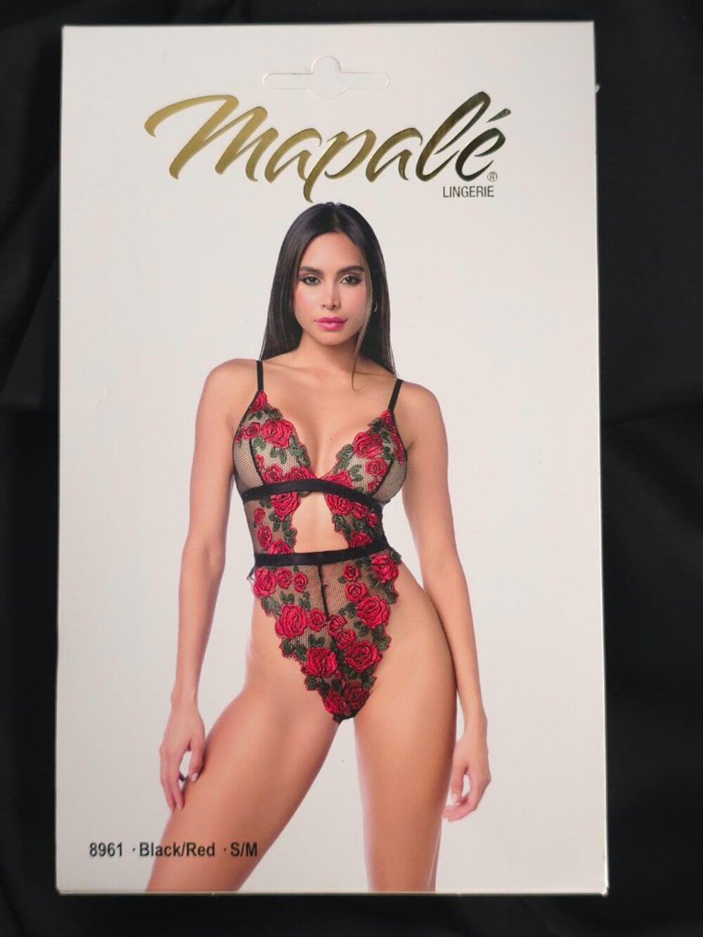 Mapalé Black Red Rose Embroidered Mesh Teddy Lingerie S/M 8961